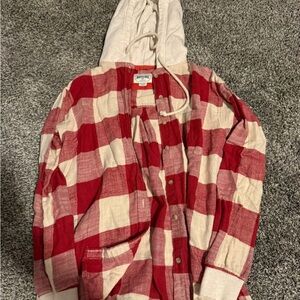 Red and Cream Plaid Hooded Shirt